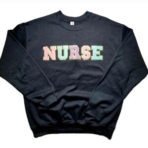 Gildan Black Pullover Sweater with Colorful 'NURSE' Chenile Patch Size M